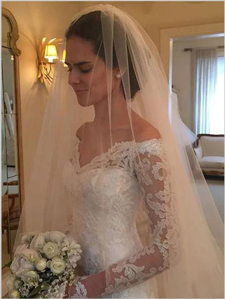 Lace Sheath Long Sleeves Wedding Dresses,Off Shoulder Court Train Wedding Dresses