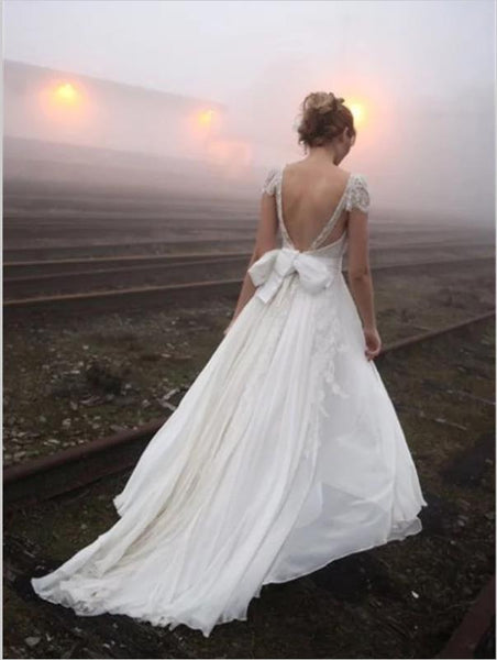 Lace Chiffon Princess V-neck Backless Wedding Dresses Floor Length Dress With Bowknot