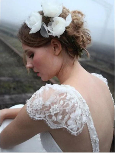 Lace Chiffon Princess V-neck Backless Wedding Dresses Floor Length Dress With Bowknot