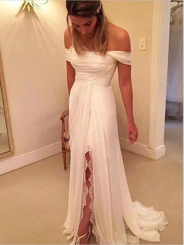 Chiffon Off Shoulder Brush Train Ruffles Wedding Dresses With Split