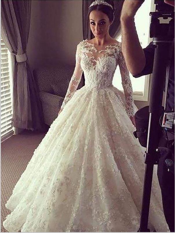 Lace Long Sleeves Scoop Wedding Dresses Court Train Ball Gown