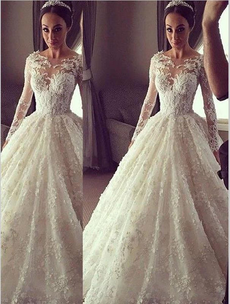 Lace Long Sleeves Scoop Wedding Dresses Court Train Ball Gown