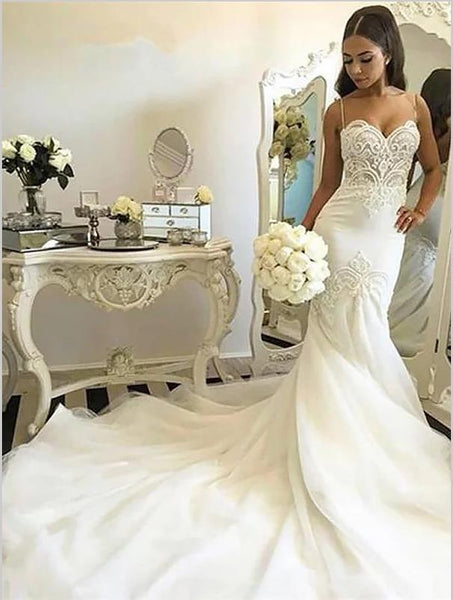 Mermaid Tulle Spaghetti Straps Wedding Dresses,Sleeveless Chapel Train Wedding Dresses