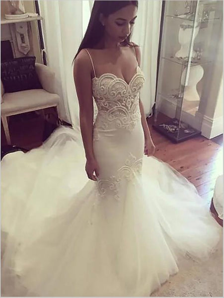 Mermaid Tulle Spaghetti Straps Wedding Dresses,Sleeveless Chapel Train Wedding Dresses