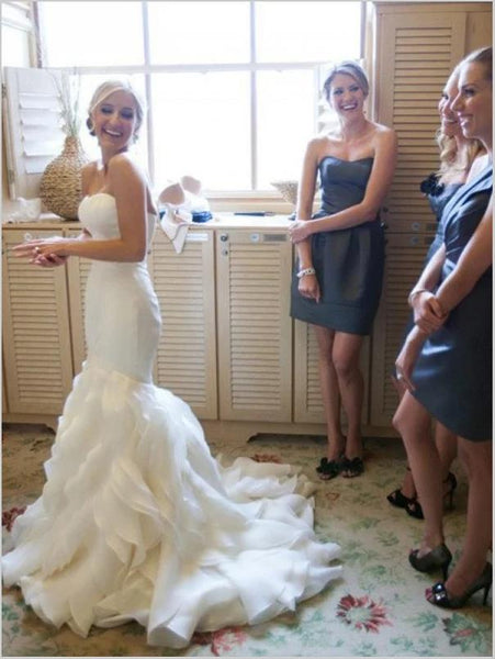 Mermaid Ruffles Satin Sweetheart Strapless Wedding Dresses Court Train Ball Gown