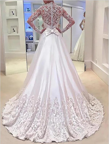 Satin Princess V-neck Long Sleeves Wedding Dresses Brush Train Dress With Bowknot