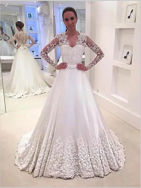 Satin Princess V-neck Long Sleeves Wedding Dresses Brush Train Dress With Bowknot