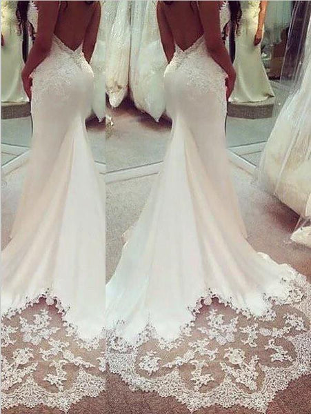 Mermaid Applique Satin Wedding Dresses,Spaghetti Straps Sleeveless Wedding Dresses