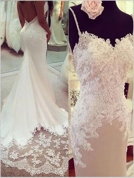 Mermaid Applique Satin Wedding Dresses,Spaghetti Straps Sleeveless Wedding Dresses