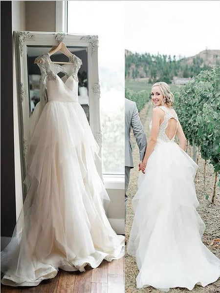 Tulle Princess Straps Wedding Dresses,Backless Brush Train Wedding Dresses