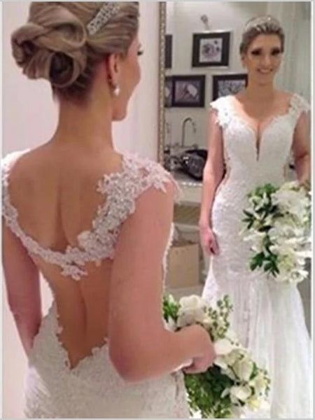 Mermaid Lace Sleeveless V-neck Wedding Dresses Brush Train Dress