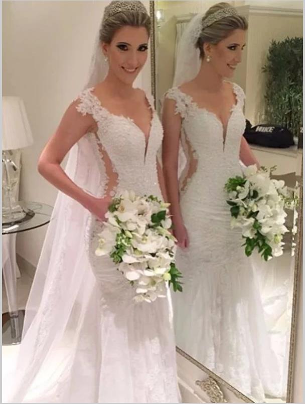 Mermaid Lace Sleeveless V-neck Wedding Dresses Brush Train Dress