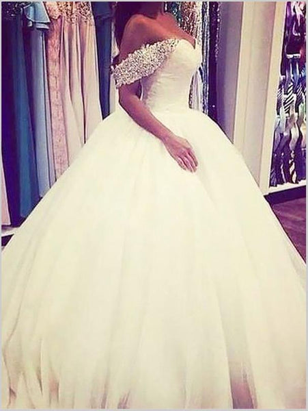 Tulle Off Shoulder Beading Wedding Dresses Brush Train Ball Gown