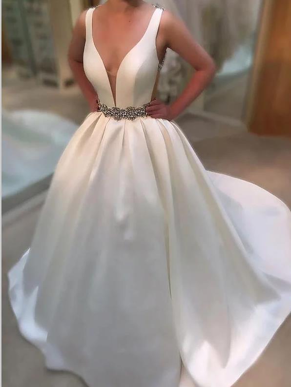 Princess Satin V-neck Backless Wedding Dresses Court Train Dresses With Beading