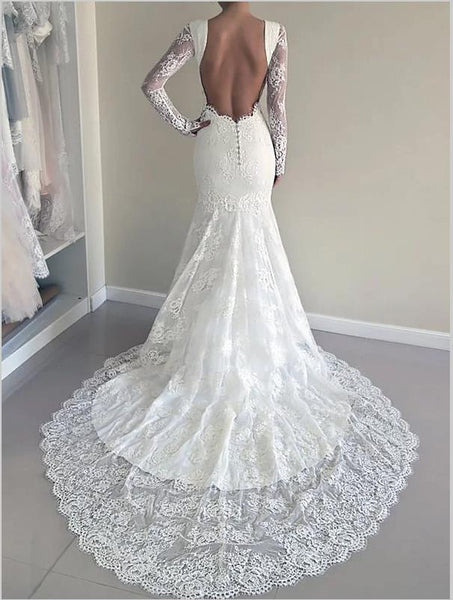 Mermaid Lace Scoop Long Sleeves Wedding Dresses Court Train Ball Gown