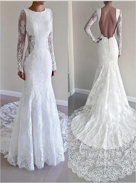 Mermaid Lace Scoop Long Sleeves Wedding Dresses Court Train Ball Gown