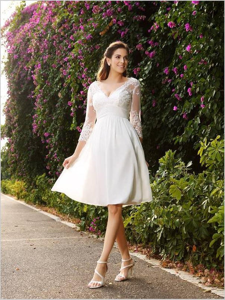 Chiffon Princess V-neck 3/4 Sleeves Short Wedding Dresses