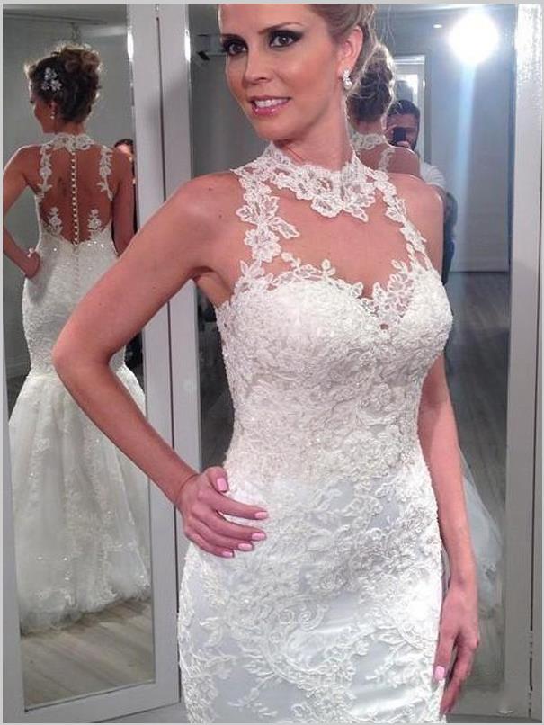 Mermaid Lace Tulle High Neck Wedding Dresses Floor Length Ball Gown
