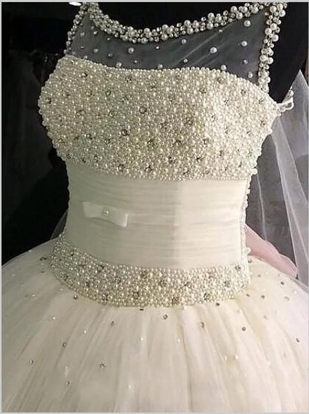 Tulle Round Neck Wedding Dresses Floor Length Ball Gown With Beading