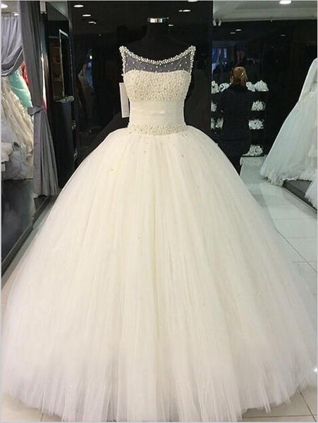Tulle Round Neck Wedding Dresses Floor Length Ball Gown With Beading