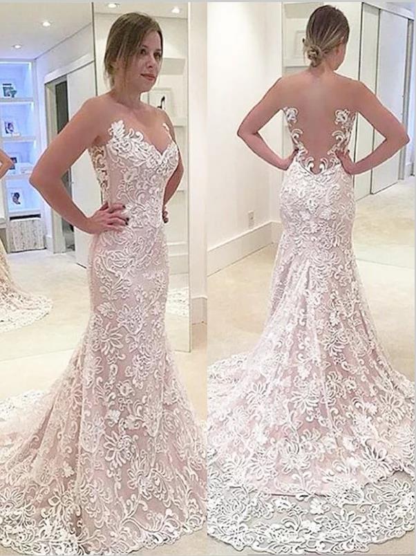Sweetheart Mermaid Lace Backless Wedding Dresses Brush Train Dress
