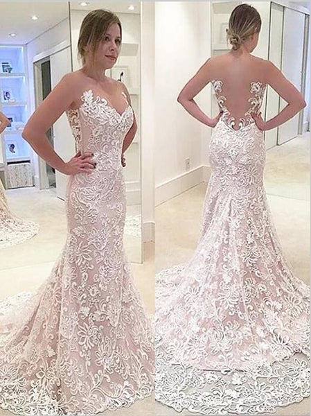 Sweetheart Mermaid Lace Backless Wedding Dresses Brush Train Dress
