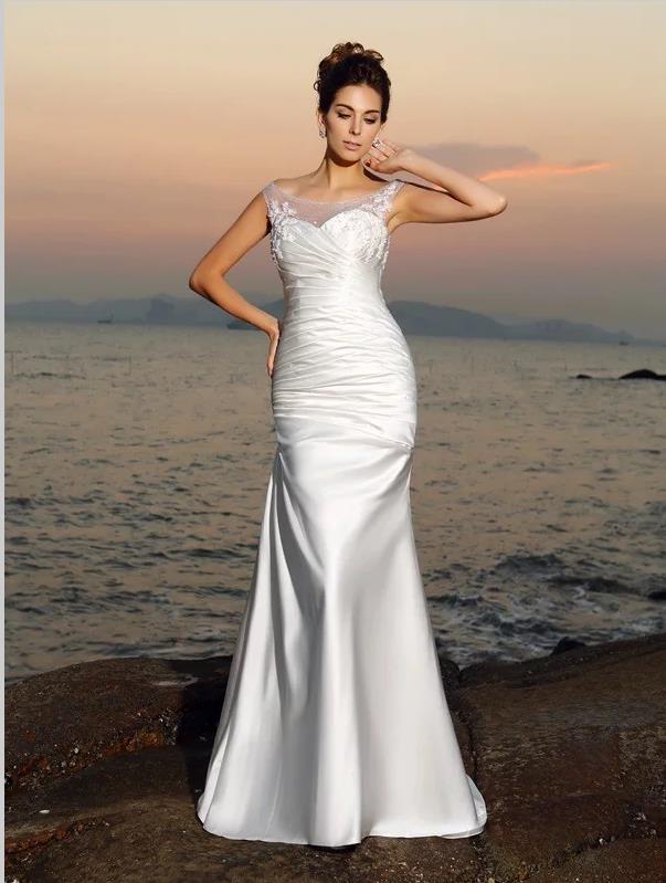 Mermaid Satin Sheath Scoop Beading Sleeveless Wedding Dresses