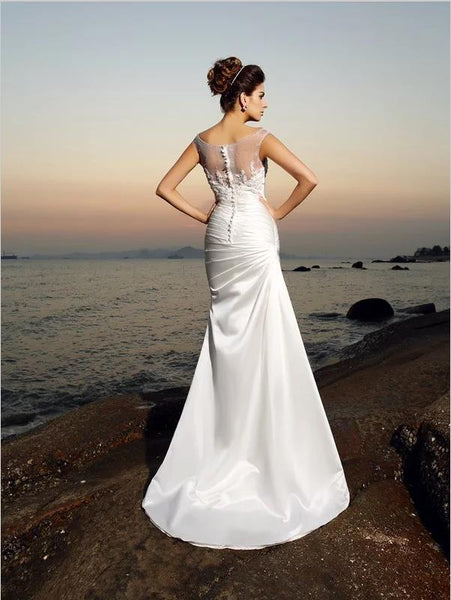 Mermaid Satin Sheath Scoop Beading Sleeveless Wedding Dresses