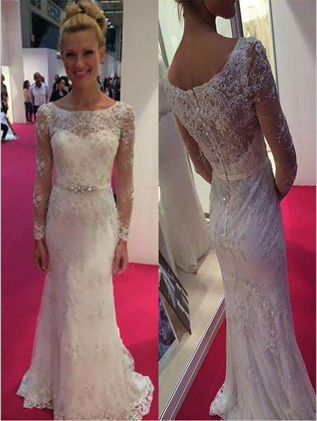 Sheath Lace Chiffon Wedding Dresses,Scoop Long Sleeves Train Wedding Dresses