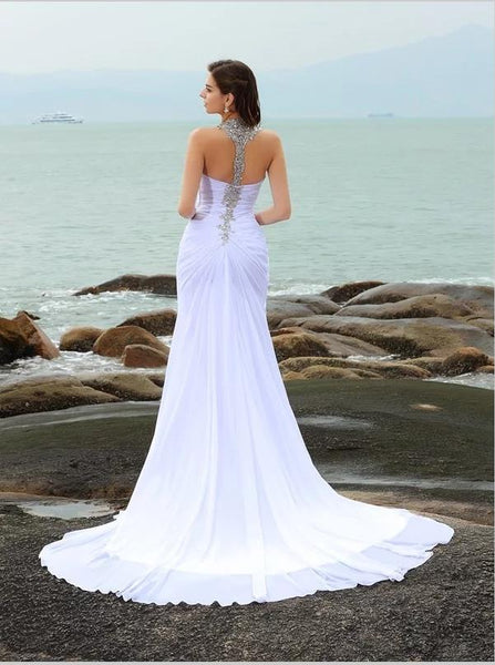 Sheath Chiffon Straps Beading Sleeveless Wedding Dresses With Split