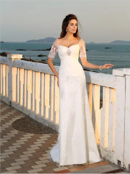 Sweetheart Sheath Satin Applique Wedding Dresses,Short Sleeves Wedding Dresses