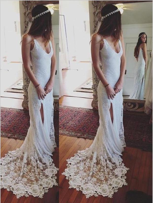 Sheath Lace Straps Sleeveless Wedding Dresses Court Train Dresses With Split