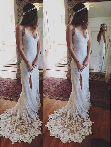 Sheath Lace Straps Sleeveless Wedding Dresses Court Train Dresses With Split