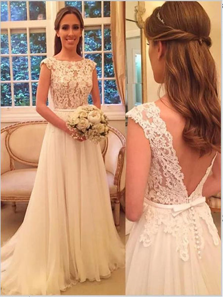 Princess Chiffon Sleeveless Backless Wedding Dresses,Scoop Brush Train Wedding Dresses