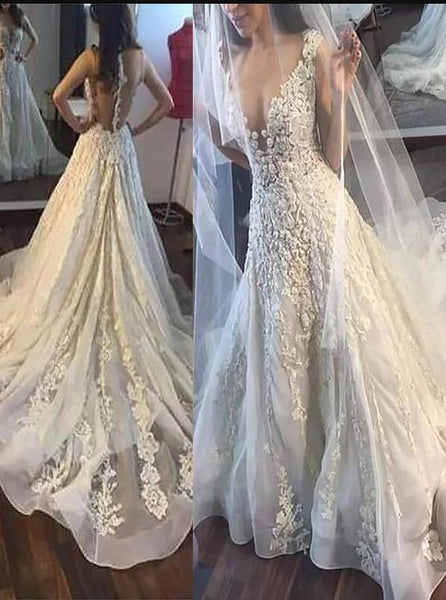 Princess Tulle Applique Wedding Dresses,Sleeveless V-neck Court Train Wedding Dresses