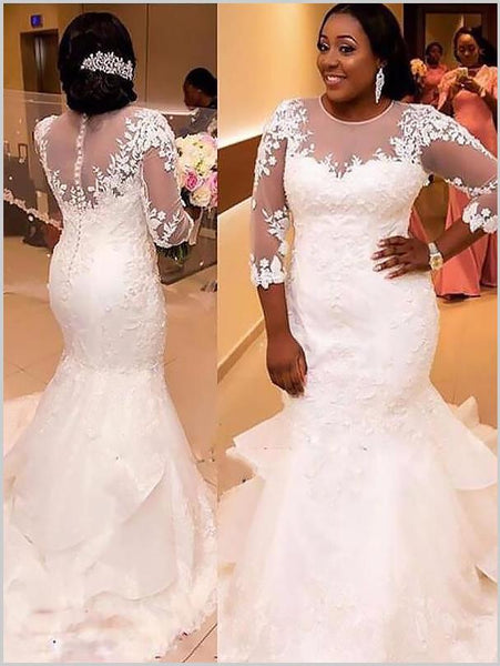 Mermaid Lace Tulle Applique Wedding Dresses,3/4 Sleeves Court Train Wedding Dresses
