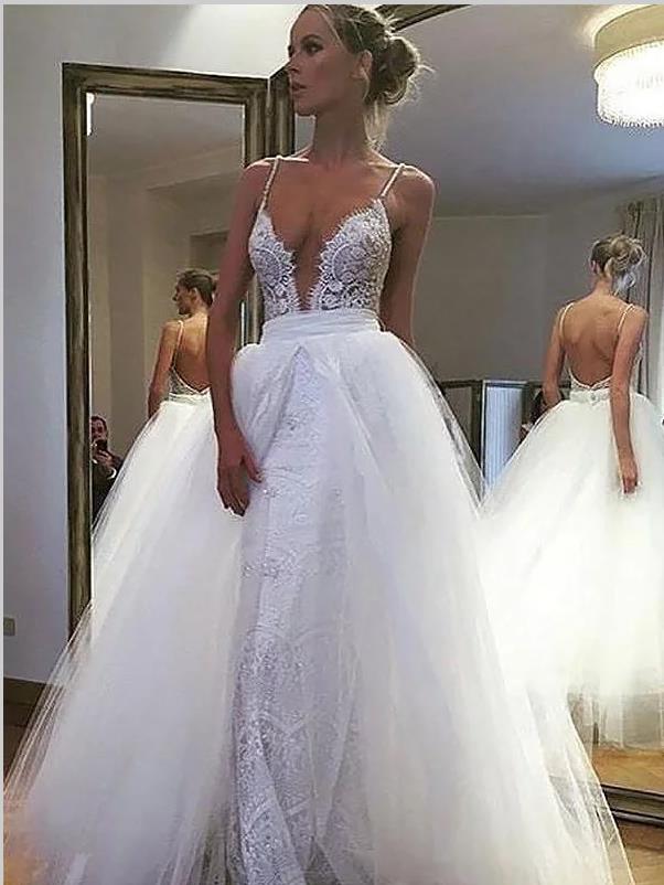 Tulle Lace Princess Spaghetti Straps Wedding Dresses Floor Length Dresses