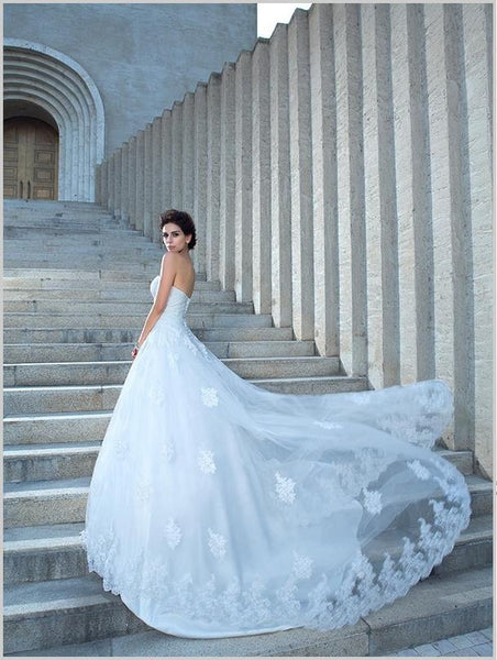 Applique Satin Spaghetti Straps Strapless Long Wedding Dresses Ball Gown