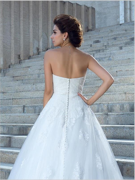 Applique Satin Spaghetti Straps Strapless Long Wedding Dresses Ball Gown