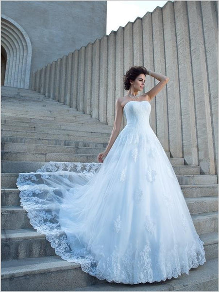 Applique Satin Spaghetti Straps Strapless Long Wedding Dresses Ball Gown