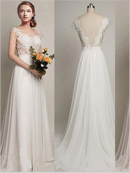 Chiffon Princess Scoop Sleeveless Wedding Dresses,Backless Brush Train Wedding Dresses