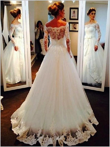 Tulle Off Shoulder Long Sleeves Wedding Dresses Brush Train Ball Gown