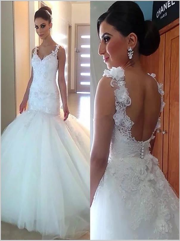 Trumpet Organza Straps Wedding Dresses,Backless Court Train Wedding Dr –  Hoprom