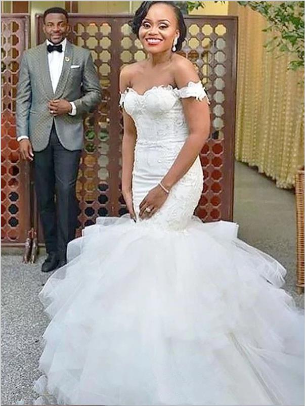 Trumpet Organza Off Shoulder Wedding Dresses,Short Sleeve Brush Train Wedding Dresses