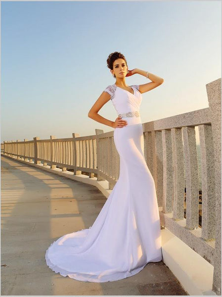 Sheath Chiffon V-neck Wedding Dresses,Beading Sleeveless Wedding Dresses