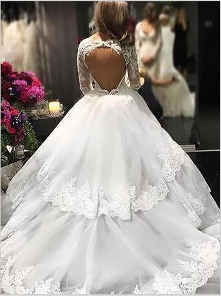 Lace Tulle V-neck Long Sleeves Wedding Dresses Court Train Ball Gown