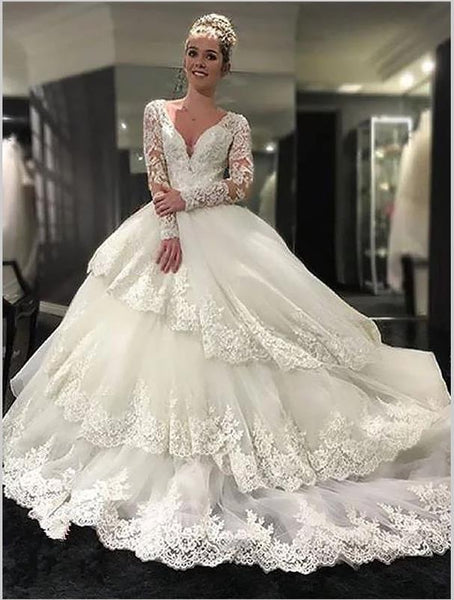 Lace Tulle V-neck Long Sleeves Wedding Dresses Court Train Ball Gown