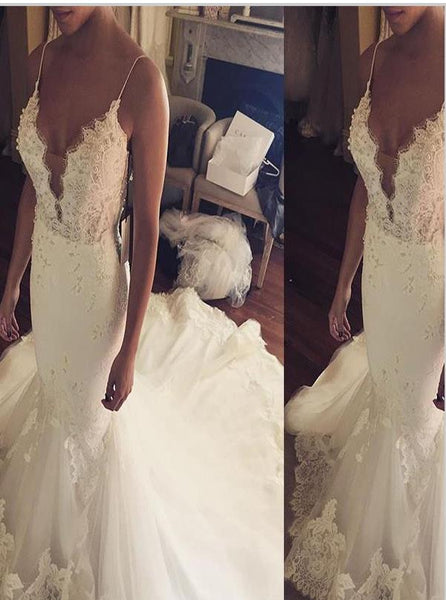 Mermaid Lace Tulle Spaghetti Straps Wedding Dresses,Court Train Sleeveless Wedding Dresses