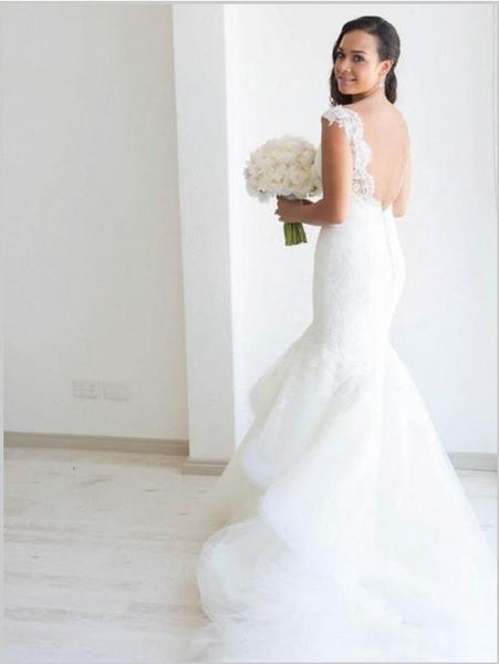 Mermaid Organza Straps Backless Wedding Dresses Chapel Train Dresses