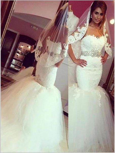 Lace Tulle Trumpet Sweetheart Wedding Dresses,Sleeveless Court Train Wedding Dresses